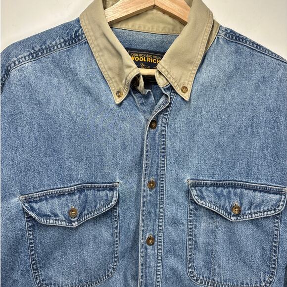 Vintage John Rich & Bros Woolrich Denim Work Shirt Tan Collar Elbow Patches * L - Picture 2 of 12